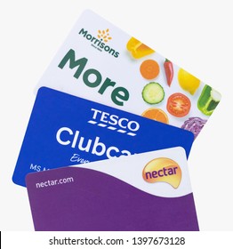 London, UK - 14th May 2019 - Sainsburys Nectar Card, Tesco Clubcard And Morrisons More Cards Isolated On A White Background