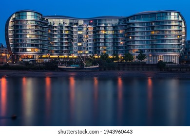 London, UK - 15 May, 2020 - Long exposure, a riverside apartment building at Albion Riverside in Battersea