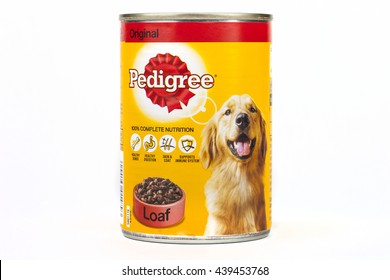 LONDON, UK - 16TH JUNE 2016: A tin of Pedigree Dog Food,over a plain white background on 16th June 2016.  Pedigree Petfoods is a subsidiary of Mars, Incorporated.