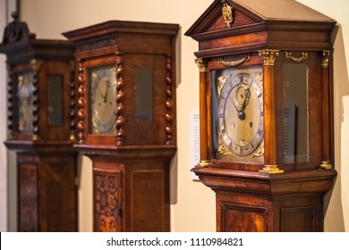 London, UK - 17 January, 2018 - English Longcase Clocks, Known As Grandfather Clock, On Display At Science Museum