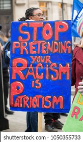 London, UK. 17th March 2018. EDITORIAL - One of the many homemade posters seen at the March Against Racism national demonstration, London, in protest of the dramatic rise in race related attacks.
