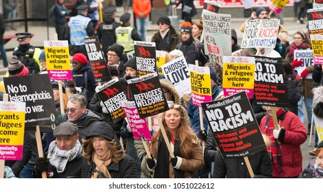 London, UK. 17th March 2018. EDITORIAL - Thousands gathered at Portland Place, London, for the March Against Racism national demonstration, in protest of the dramatic rise in race related attacks.