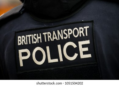 London, UK. 17th March 2018. EDITORIAL - Close Up Of BRITISH TRANSPORT POLICE Sign On The Back Of A London Police Officer's Stab Vest.
