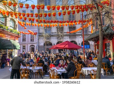 London, UK - 18 April 2021: Outdoor Drinking And Dining Outside Restaurants In Chinatown, Soho, Central London 