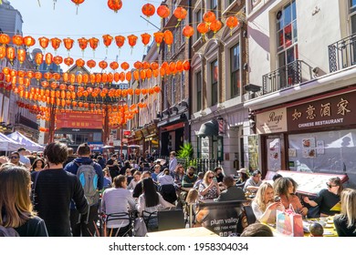 London, UK - 18 April 2021: Outdoor Drinking And Dining Outside Restaurants In Chinatown, Soho, Central London 