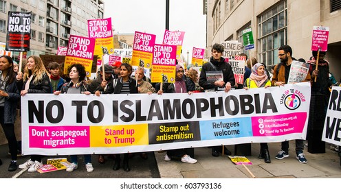 London, UK. 18th March 2017. EDITORIAL - March Against Racism - National Demo for UN Anti-Racism Day - hundreds of people turn out for the anti racism - anti Donald Trump rally through central London.