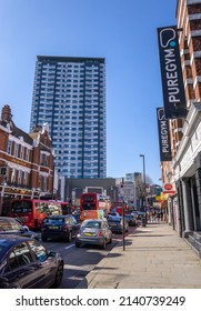 London - UK, 19 March 2022: Wandsworth High Rise Tower Block And High Street, Southwest London, England