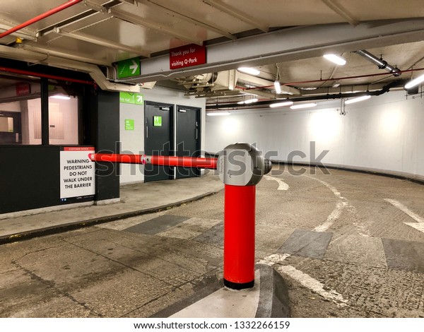 London, UK - 19th February 2019: Automated Car\
park barrier and payment\
machine