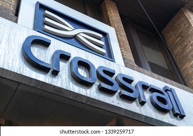 London / UK - 2 Feb 2019: Close Up View Of The Crossrail Train Sign And Logo Seen Above The Main Entrance In London.