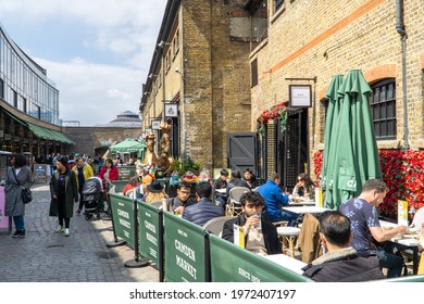 London, UK  - 2 May 2021: Indian Alley Restaurant Outdoor Terrace, Camden Market