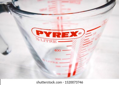 LONDON / UK - 2 OCTOBER 2019: Close up of Pyrex half liter measuring jug container