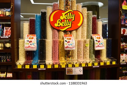 London, UK - 20 August 2018: A Giant Jelly Belly Beans Dispenser In A Sweet And Candy Shop In A Shopping Center Mall.