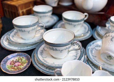 London, UK - 20 July 2020, A Century Old Blue Tea Set With Roses At The Spitalfields Flea Market