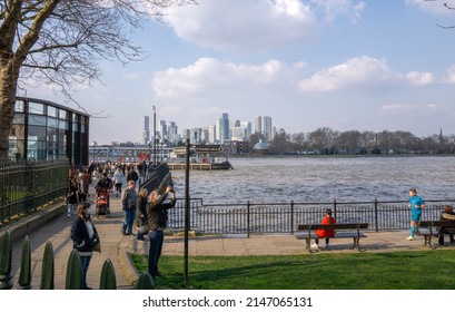 London, UK - 20 March 2022: River Thames Foreshore Walk, Greenwich, London