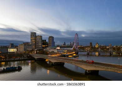 London UK 20 Nov 20 London Eye Aerial View At Sunrise Drone View  