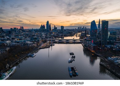 London Uk 20 Nov 20 River Thames Drone View Of London City Skyline At Sunrise  