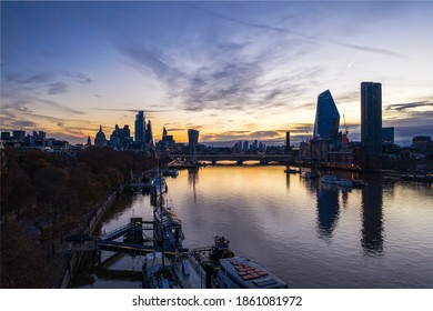 London Uk 20 Nov 20 River Thames Drone View Of London City Skyline At Sunrise  