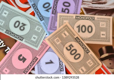 London, UK, 2020. Fake Paper Money / Currency Notes In Monopoly Board Game. Playing At Home In Quarantine During Lockdown 