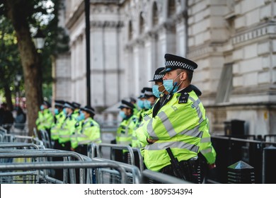 London / UK - 2020.09.05: Police Officers On Duty At Save Our Children Protest Against Children Trafficking.