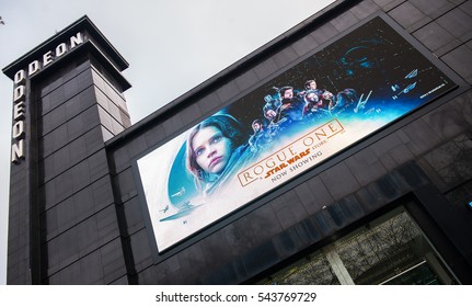 London, UK. 20th December 2016. EDITORIAL - Low Angle View, Of The Odeon Cinema In Leicester Square, London, With Large LED Display For The Screening Of The Film - Rogue One - A Star Wars Story.