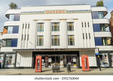 London, UK - 21 February 2021: Old Queens Art Deco Building Facade, Bayswater, West London