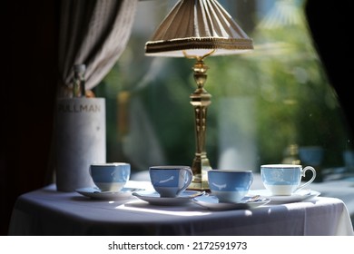 London, UK - 21 June 2022: British Pullman Train Table With Tea Cups