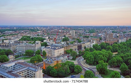 LONDON, UK -21 MAY 2017- View of Central London at sunset from the top of the Hilton Park Lane, a luxury skyscraper hotel overlooking Hyde Park in Mayfair, London.