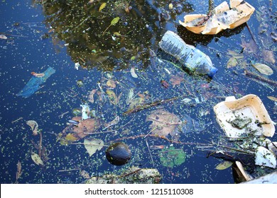 London, UK -21, October 2018: Coast And Water Of London's Canals Polluted With Plastic Waste.