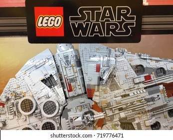 LONDON, UK - 21 SEPTEMBER 2017 - The new LEGO Millennium Falcon on display in the lego store in the Stratford Westfield.