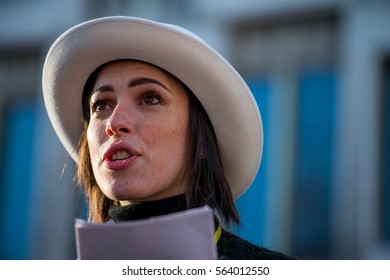 London, UK. 21st January 2017. EDITORIAL - Actress Rebecca Hall Speaking At The Women's March / Anti Donald Trump Rally, Outside Grosvenor Square, London, Part Of An International Day Of Solidarity.