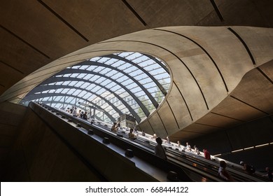 LONDON UK - 21ST JUNE 2017; Escalator to Canary Wharf DLR station in London's financial home