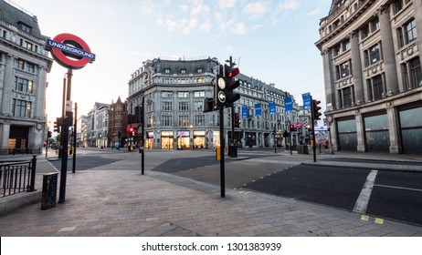 LONDON, UK - 22 MAY 2018: Empty London. Oxford Circus With No Traffic Or Pedestrians. The Busy Shopping District Is Normally Gridlocked With Human Traffic.