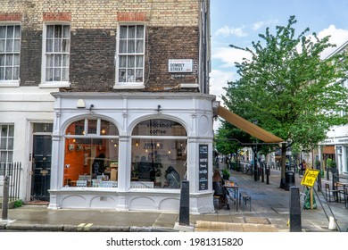 London, UK - 22 May 2021: Lambs Conduit Street Coffee Box Cafe, Bloomsbury, London