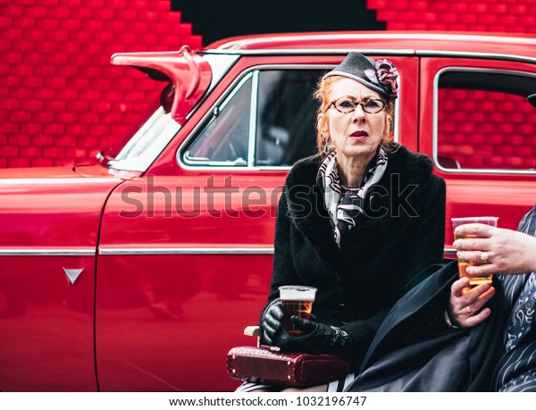 London / UK - 22.04.2017 : Stylish Lady At Classic\
Car Boot Sale