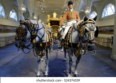 London, UK- 22.November,2016 - Gold State Coach In Royal Mews Of Buckingham Palace