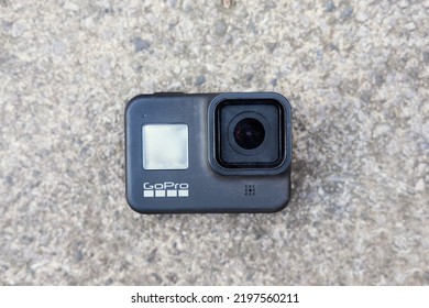 London Uk, 23.04.2021 A Go Pro Hero 8, 4k Action Sport Digital Video Recorder On A Cold Hard Concrete And Cement Floor. Action Sport Rugged Action Cameras.