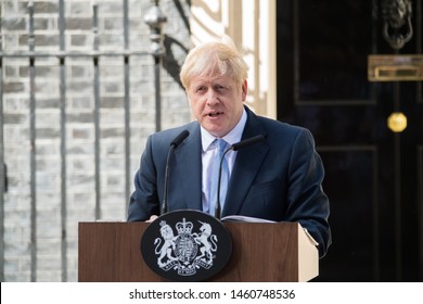London UK. 24th July 2019. Boris Johnson, delivers a speech outside 10 Downing Street. Prime Minister Boris Johnson, promise to take Britain out of the European Union by 31st October.