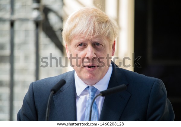 London UK. 24th July 2019. Boris Johnson, U.K. prime\
minister, delivers a speech outside 10 Downing Street. The Prime\
Minister Boris Johnson, promise to take Britain out of the European\
Union by 31st 
