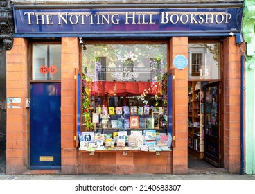 London, UK - 24th March 2022: The front facade of the Notting Hill Bookshop, made famous by the romantic comedy film Notting Hill, starring Hugh Grant and Julia Roberts.