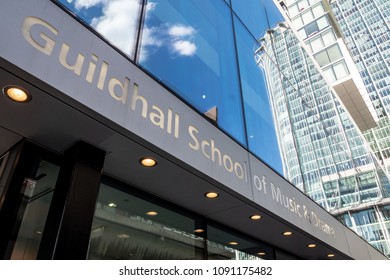 LONDON, UK - 26 APRIL 2018: The Entrance To The Milton Court Performance Venue Owned And Run By The Guildhall School Of Music And Drama, London.