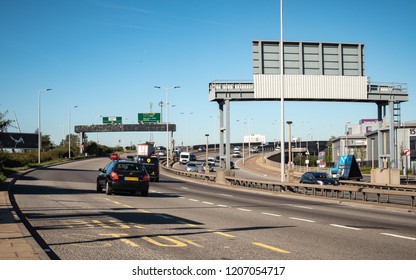 LONDON, UK - 26 SEPTEMBER 2018: The A406 North Circular Road And Flyover Westbound Passing Through The Edmonton Industrial Estates.