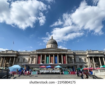 London, UK - 26.08.2022. National Gallery At Trafalgar Square In Central London. Trafalgar Square Art Museum Whose Masterworks Trace The Development Of Western European Painting. Summer Day In London