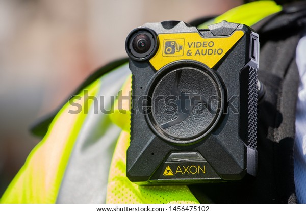 London, UK. 26th June 2019. Body camera being
worn by police officers in London, to keep officers safe, enabling
situation awareness, improving community relations and providing
evidence for trials.