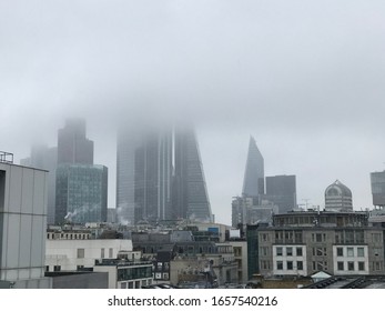 London, UK - 27 February 2020: Snowfall In London, View On City Towers.