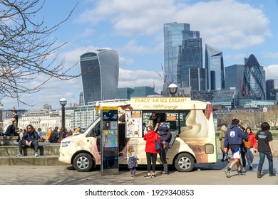 London, UK - 27 February 2021: Ice-cream van in Potter's Fields, Tower Bridge, London