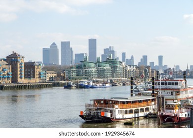 London, UK - 27 February 2021: River Thames Paddle Steamer Mooring, Looking Towards East London Skyline