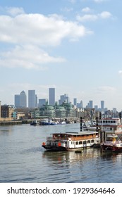 London, UK - 27 February 2021: River Thames Paddle Steamer Mooring, Looking Towards East London Skyline