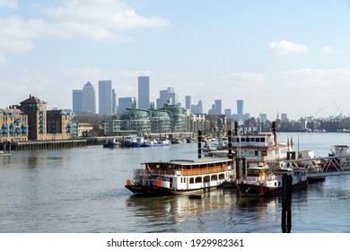 London, UK - 27 February 2021: River Thames Paddle Steamer Mooring, Looking Towards East London Skyline