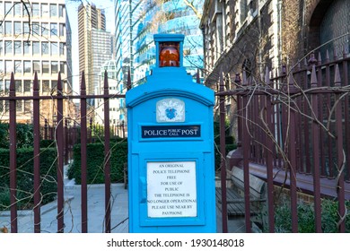 London, UK - 27 February 2021: Police Phone Box, Aldgate Square, London