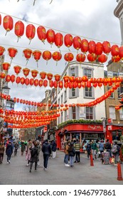 London, UK: 27 March 2021: Wardour Street Chinese NewYear Lanterns, Soho, London